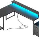 PRAISUN 66 Inch L Shaped Computer Desk with Power Outlets and LED Lights, Home Office Desk with Fabric Drawers and Print Stand, L Shape or Long Set up, Monitor Stand, Mesh CPU Stand, Black