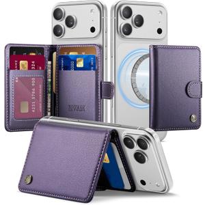 For Magsafe Wallet, Magnetic Phone Wallet with RFID Blocking 6-Card Holder for Men Women Minimalist Slim PU Leather Kickstand for iPhone 17 Air 16 15 14 13 12 Pro Max Plus, Elegant Purple