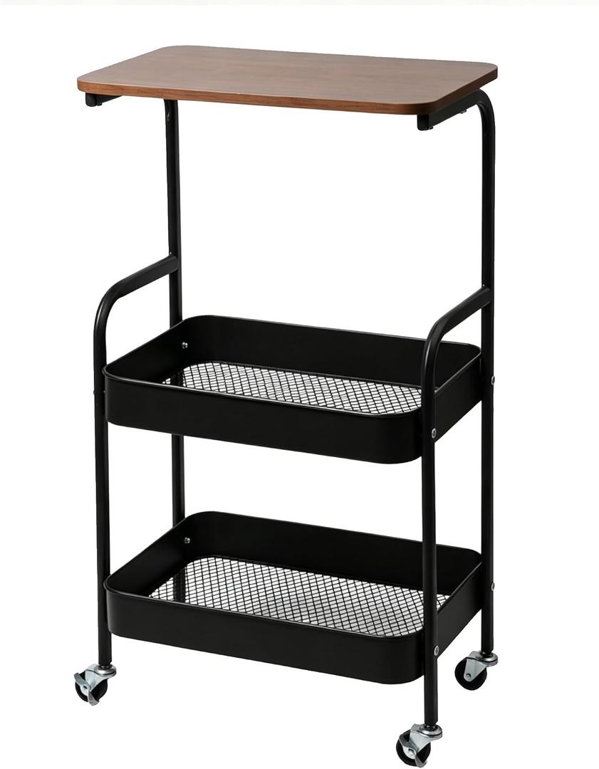 3-Tier Metal Rolling Utility Cart with Walnut-Textured Top on Wheels Craft Cart and Side Table for Bedside, Kitchen, Office, Bathroom & Craft Room