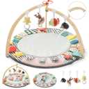 Baby Play Mat Activity Gym,6 Developmental Zones Tummy Time Mat, Foldable Wooden Baby Play Gym with 7 Detachable Sensory Toys for Newborn Brain Development, Essential Baby Shower Set (17X12.9X5 Inch)