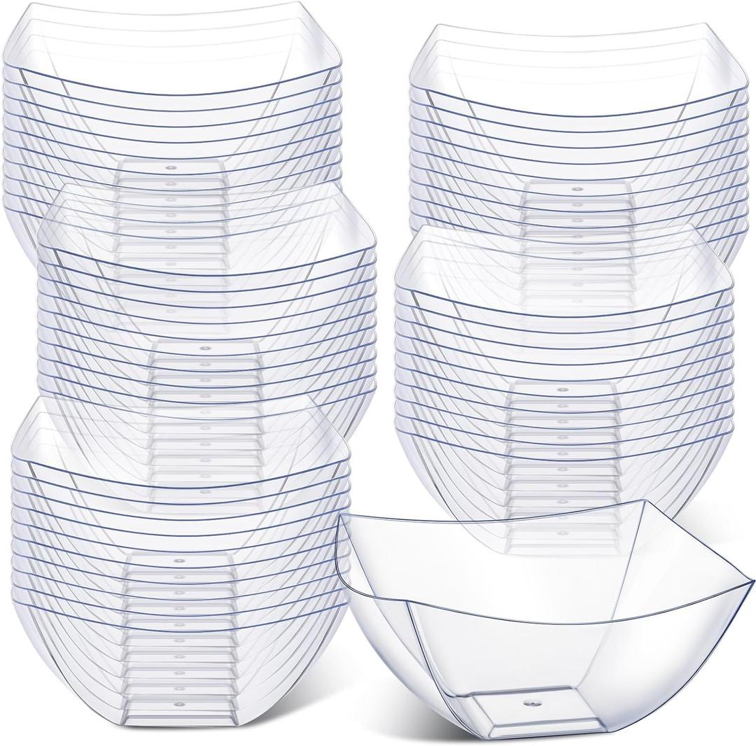 Tanlade 50 Pcs Square Plastic Serving Bowls Disposable Snack Salad Bowl Small Party Candy Bar Containers Taco Bar Serving Dishes for Buffet Chips Fruit(Clear,8 oz)