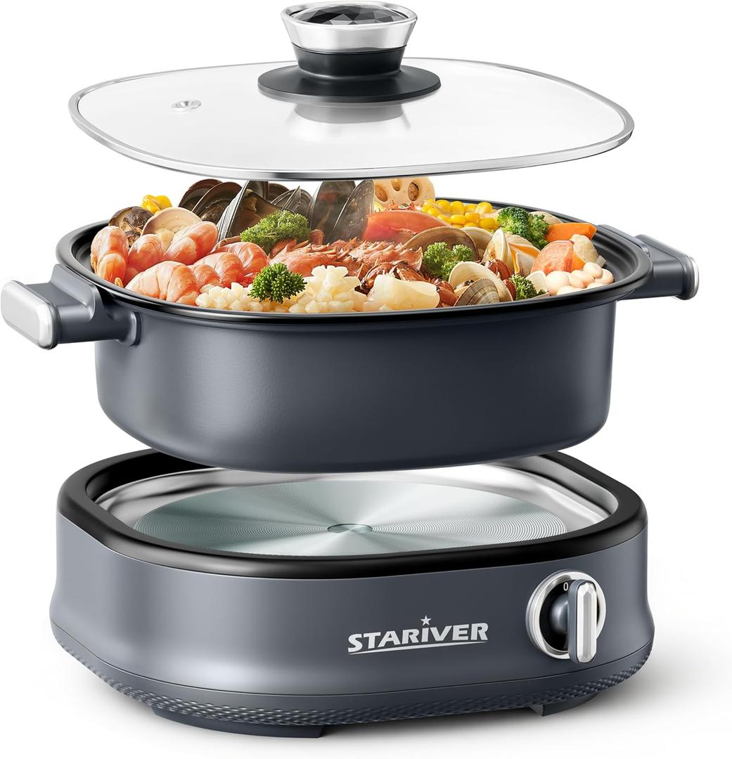 Stariver 3L NonStick Hot Pot Electric with DualPower Control,Electric Shabu Shabu Pot with Removable Pot, Electric Pot with Tempered Glass Lid for Party, Family Gathering（Silver）