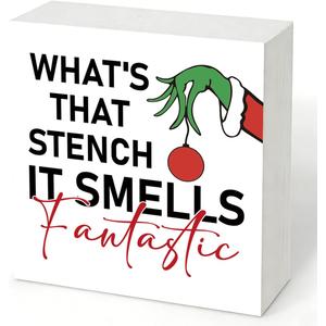2 x What's That Stench Sign, Christmas Bathroom Wooden Box Sign, Farmhouse Home Decor, Bathroom Christmas Decor for Shelf, Funny Toilet Signs, Farmhouse Rustic Tiered Tray Decorations