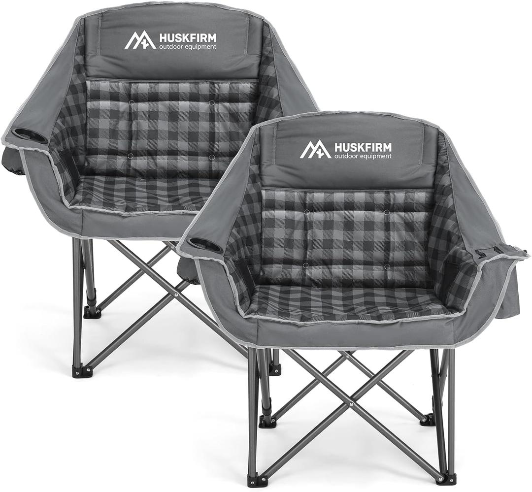 Huskfirm 2 Pack Camping Chairs Oversized Padded Camping Chair Heavy-Duty Foldable Camping Chairs with Cup Holder and Cooler Bag Portable Lawn Chair for Sports Outdoors-Support 450LBS, Grey, Twin Pack