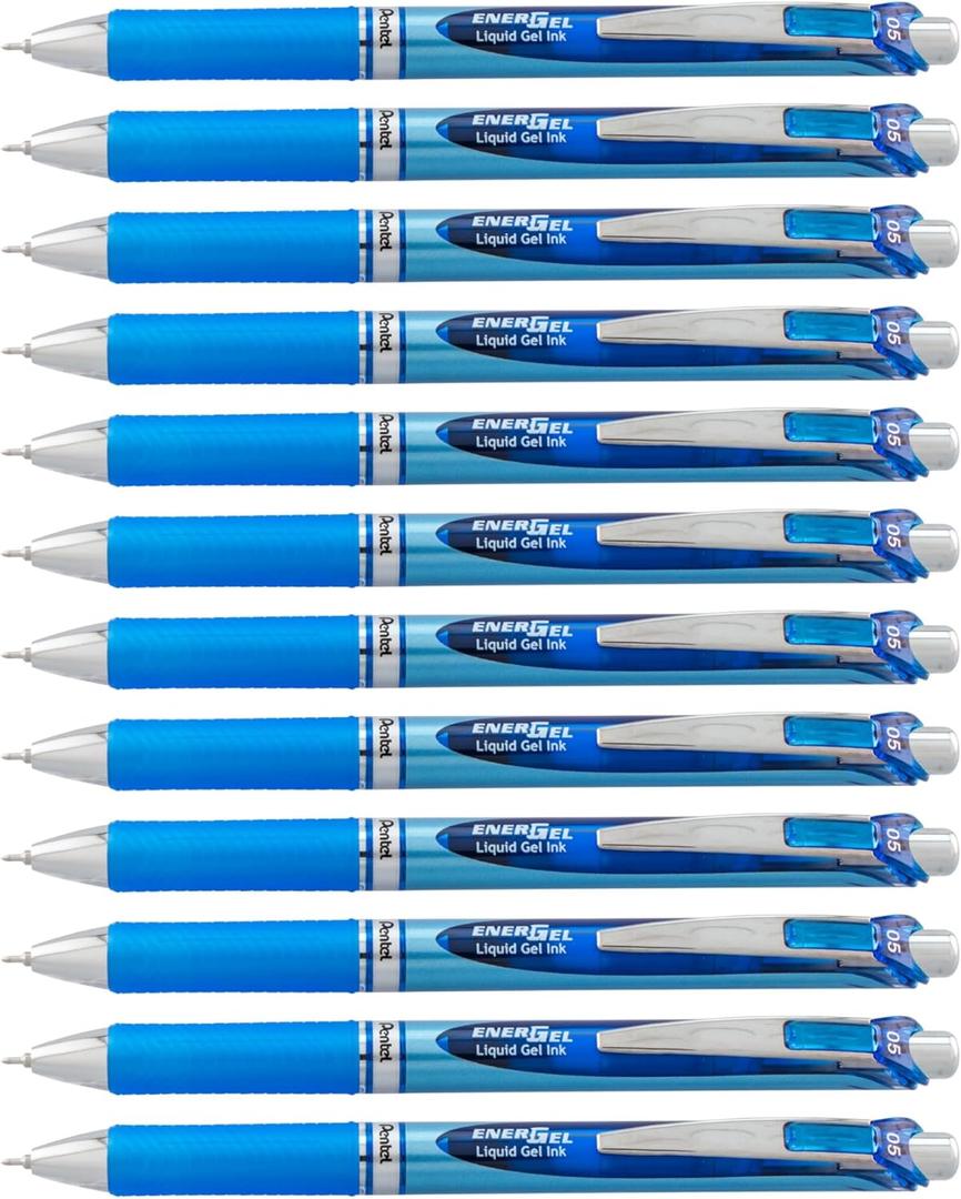 Pentel EnerGel RTX Retractable Liquid Gel Pens, Fine Point, 0.5 mm, 54% Recycled, Assorted Barrel Colors, Blue Ink, Pack Of 12 Pens