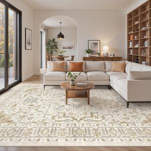 Area Rugs for Living Room - 9x12, Boho Non-Slip Low Pile Carpet Machine Washable Rugs for Bedroom Office, Dining Room (Beige)