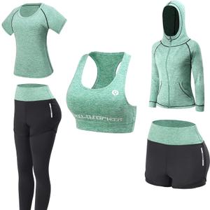 Women Workout Clothes Set 5 PCS Exercise Athletic Outfits Set (Green)