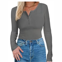 Long Sleeve Shirts for Women, Casual Solid Henley Tops Button Down Shirts, V Neck Blouses Basic Ribbed Knit T Shirts Tunic, Basic Fall Spring T-Shirts for Women for Cocktail Party Holiday (Gray, M)