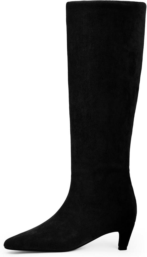 Modatope Knee High Boots Women Square Toe Kitten Heel Tall Boots Womens Fashion Long Boots (7.5, Suede Black)