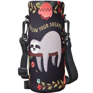 RICHEN Neoprene Water Bottle Carrier Bag with Adjustable Shoulder Strap,Insulated Water Bottle Cover for 500ml/16oz Stainless Steel/Glass/Plastic Bottles (Sloth,500ml)