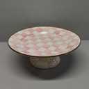 MACKENZIE-CHILDS Enamel Pedestal Platter, Round Cake Stand, Large, Pink-and-White Rosy Check