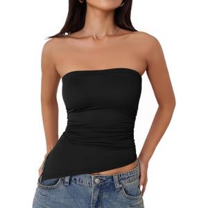Tankaneo Womens Going Out Tube Top Asymmetrical Strapless Tops Ruched Bandeau Shirts Trendy Y2k Outfits Black, S