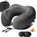 MLVOC Travel Pillow 100% Pure Memory Foam Neck Pillow, Comfortable & Breathable Cover, Machine Washable, Airplane Travel Kit with 3D Contoured Eye Masks, Earplugs, and Luxury Bag, Standard (Black)
