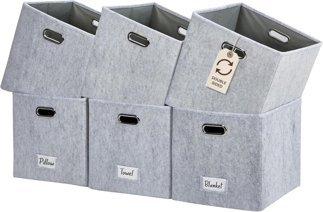 DECOMOMO Felt Storage Bins, 13 inch Cube Storage Bins with Labels for Organization (Cube 13" / 6pcs, Light Grey)