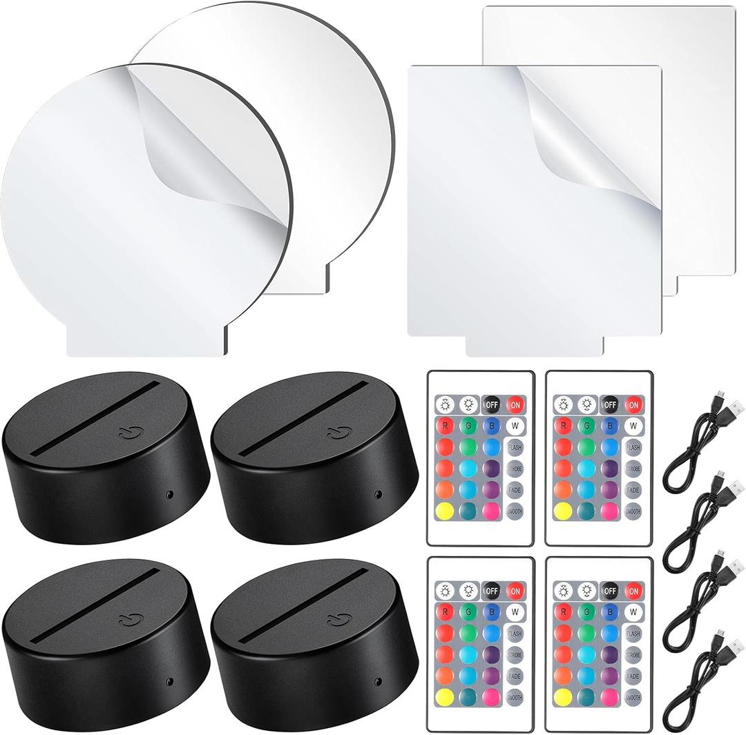 Honoson 4 Pieces 3D Night LED Light Lamp Base and 4 Pieces Clear Acrylic Sheets with Remote Control and USB Cable, Christmas DIY Acrylic Adjustable 16 Colors 4 Modes Set for Restaurant Room Shop Bar