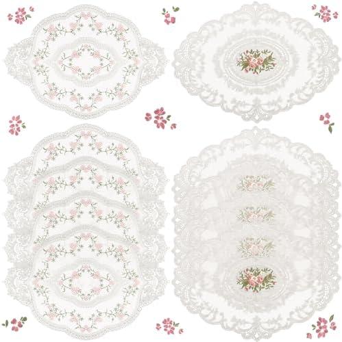 Mixweer 10 Pcs White Retro Lace Placemats Oval Embroidered Table Place Mats French Crochet Doilies Vintage Coasters Cup Mat 12'' x 16'' for Wedding Cup Vase Table Decor