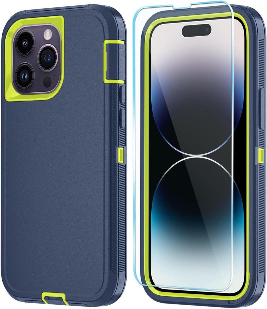 Phone Case for iPhone 14 Pro Case with HD Screen Protector, Heavy Duty Shockproof & DustProof & Dropproof 3-Layer Cover Phone Case for iPhone 14 Pro (6.1'') (DarkBlueGreen)