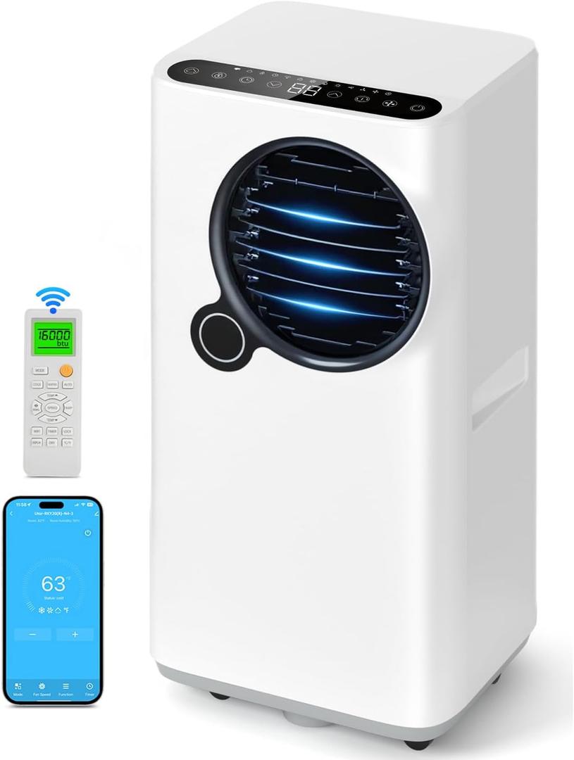 Portable Air Conditioners, 16000 BTU 6-in-1 Cooling, Dehumidifier & Fan, Ultra Quiet with 24H Smart Timer, Auto Shut-Off & Child Lock for Home/Bedroom/Office
