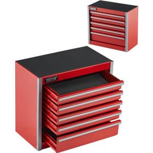 VEVOR Metal Tool Box, 8.6-inch, Portable Metal Tool Box with 5 Drawers, Small Tool Chest with EVA Liners and PP Feet Pads, Heavy-Duty Steel With Ball Bearing Opening and Powder Coated Finish, Red