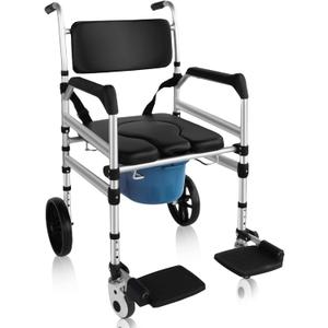 Rolling Shower Chair with Wheels for Elderly and Disabled, Foldable Wheelchair Lightweight Folding, Bedside Commode Chair with Arms for Toilet (Black)