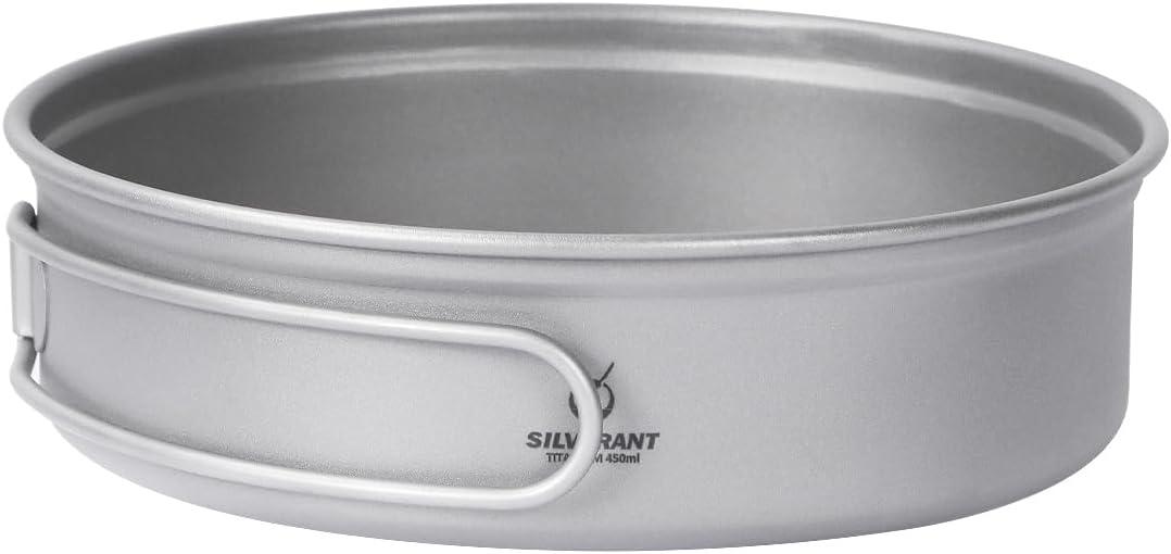 SILVERANT Camping Plate Titanium Pan Dish Plate with Handle & Mesh Bag, Large Reuseable Ultralight Dinner Plate for Camping Outdoors Backpacking (450ML)