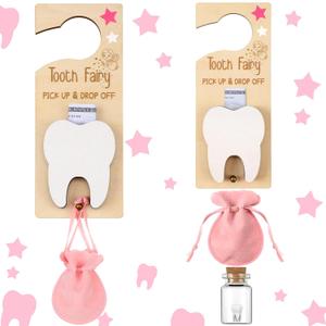 3 Pcs Tooth Fairy Tooth Holder Bag Tooth Fairy Door Hanger with Money Slot Keepsake Bottle Velvet Pouch Tooth Fairy Box Encourage Gift for Lost Teeth Boy Girl Milk Teeth(Pink)