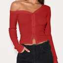 Women's Off The Shoulder Cropped Cardigan Sweaters Long Sleeve Button Down Ribbed Slim Fit Going Out Shirts Fall (Medium)