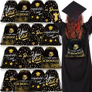 Amylove 16 Pcs Graduation Gift Bags with Drawstrings Grad Party Favor Graduation Gift Drawstring Bag for College High School Party Supplies, 9 x 12 Inch (Black)