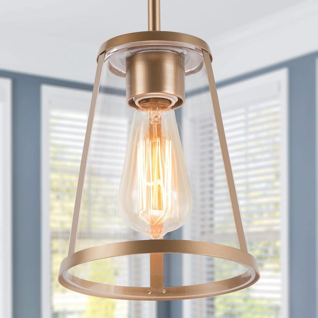 Optimant Lighting Gold Pendant Light, Modern Glass Hanging Light Fixture for Kitchen Island, Hallway, Foyer, Bedroom and Dining Room