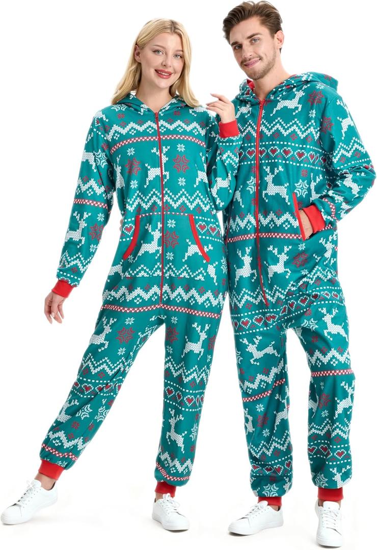 Giggling Getup Matching Pajamas for Couples, Christmas Pajamas for Women and Men, Hooded Zipper Warm Jumpsuits, 1Pcs (Large, Green)