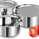 Vinod Stainless Steel 3 pc Pot Set with Capacity of 1.4 litres, 1.8 litres & 2.2 litres with Stainless Steel Lids (Gas Stove and Induction Friendly) - Silver