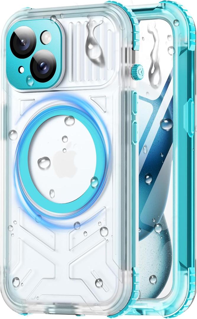 For iPhone 15 Waterproof Case with Magsafe, Built-in [Camera & Screen Protector] [Lanyard], IP68 Water Proof Full Body Dustproof Heavy Duty Frosted Protective Phone Cover, 6.1" Teal