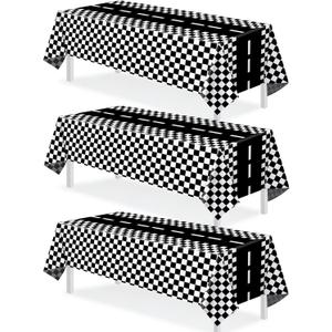 3 Packs Checkered Race Car Party Tablecloths Black and White Checkered Stripes Theme Party Touchdown Table Cover for Motor Racing Birthday Party Decorations Supplies Racing Party Favor, 54" x 108"