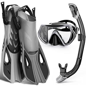 WONDSY Mask Fin Snorkel Set, Snorkeling Gear for Adults with Panoramic View Mask, Dry Top Snorkel, Adjustable Swim Fins and Travel Bag, Man Woman Snorkel Gear for Swimming Snorkeling Diving S/M