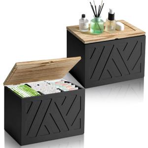 2Pcs Tampon Holder for Bathroom Decor, Feminine Product Organizer, Shark Week Tampon Storage with Lid, Wood Pad Box for Toilet, Lady Girl Stuff Organizer Case Bathroom Accessories- Black