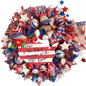 22-inch Patriotic Wreath American map Wreath for Front Door Independence Day Decor Red White Blue Flashing Ball Bow Gauze net with Christmas Ribbons Decor Memorial Day Home Decor