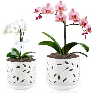 BUYMAX 5 inch&6 inch Orchid Pots with Holes & Removable Trays, White Ceramic Pots for Plants, Effective Drainage and Ventilation for Orchid Root Health to Assist New Plants or Repotting