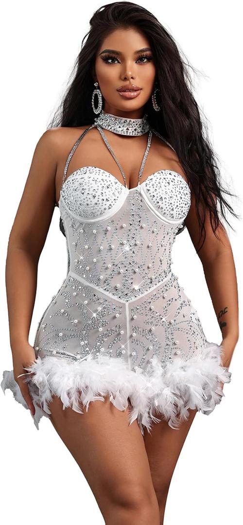 Sexy Feather Rhinestone Backless Mesh Sheer Burlesque Outfit Nightout Clubwear Birthday Party Dress (Medium, 027white)