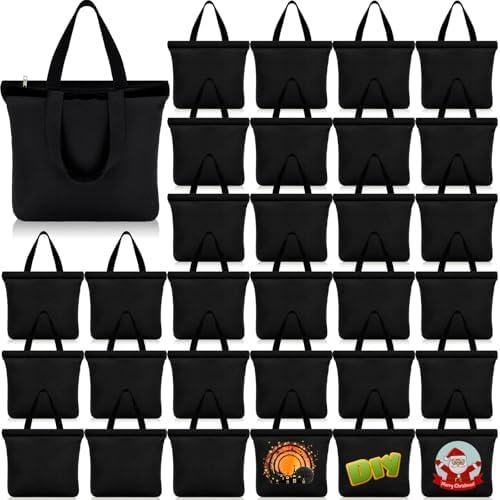 Silkfly 15 Pcs Canvas Tote Bags Bulk 16.5x13.4'' Blank Cotton Canvas Bag with Zipper Handles Reusable Plain Grocery Makeup Handbag for DIY(Black)