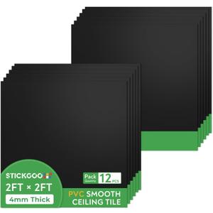 STICKGOO Black Drop Ceiling Tiles 2ft x 2ft, Waterproof PVC Ceiling Panels, Fire Resistant and Washable Smooth Ceilings Decor Coverings 24 x 24in - 12 Pack Cover 48 Sq. Ft