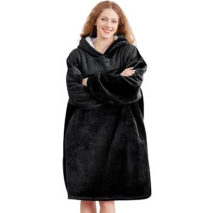 AmyHomie Wearable Blanket Hoodie for Adults & Teens,Oversized Sherpa Hooded Blanket,Warm Cozy Blanket Sweatshirt as Christmas Birthday Gifts for Women Men (Black, Regular Oversize)