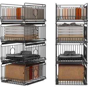 Metal Drawer Organizer for Closet with Sliding Rail, Metal Bbasket Storage Drawers for Wardrobe, Stackable Wire Bins for Clothing and Accessories-Black-4-Pack