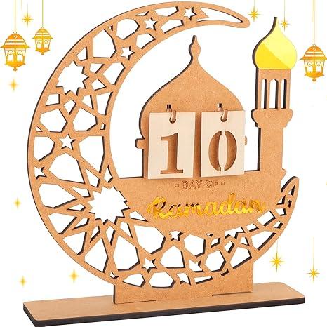 DPKOW Wooden Ramadan Advent Calendar Gifts Ramadan Decorations for Home, Crescent Mosque Countdown Calendar with Number Plates for Islamic Muslim Party Table Decor Moon Tabletop Decorations for Home