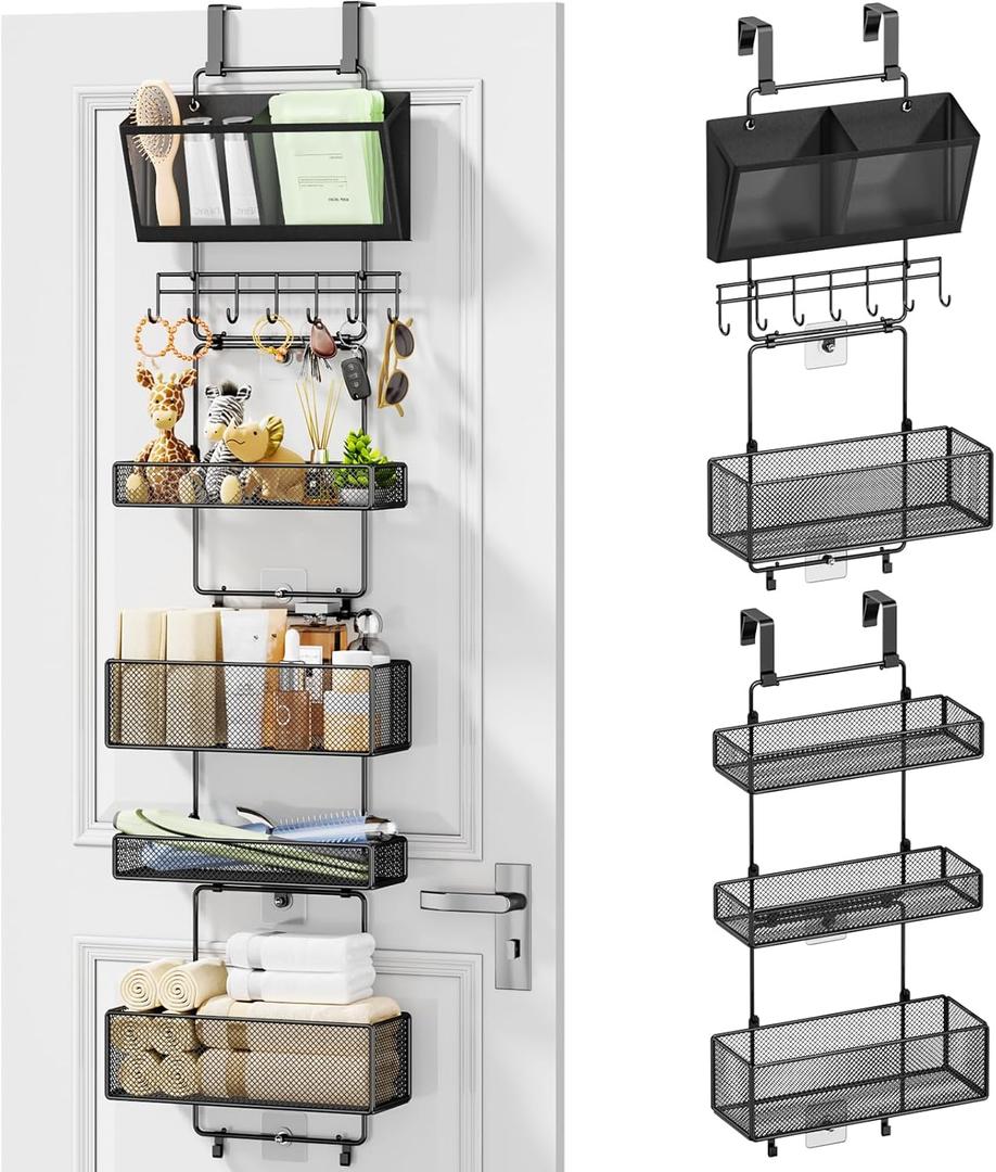 HapiRm Over Door Organizer Hanging - 6 Tier Over The Door Storage with Visual Pockets & Hooks, with 4 Metal Large Capacity Baskets for Bathroom Bedroom Kitchen Pantry Cabinet (Hooks Style, Black)