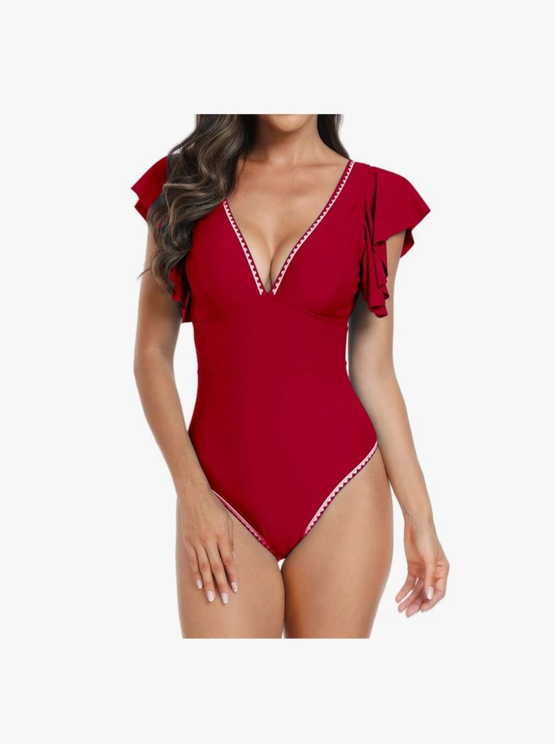 Women's One Piece Swimsuit with Flutter Sleeves, Slimming V-Neck Ruffle Swimwear, XL