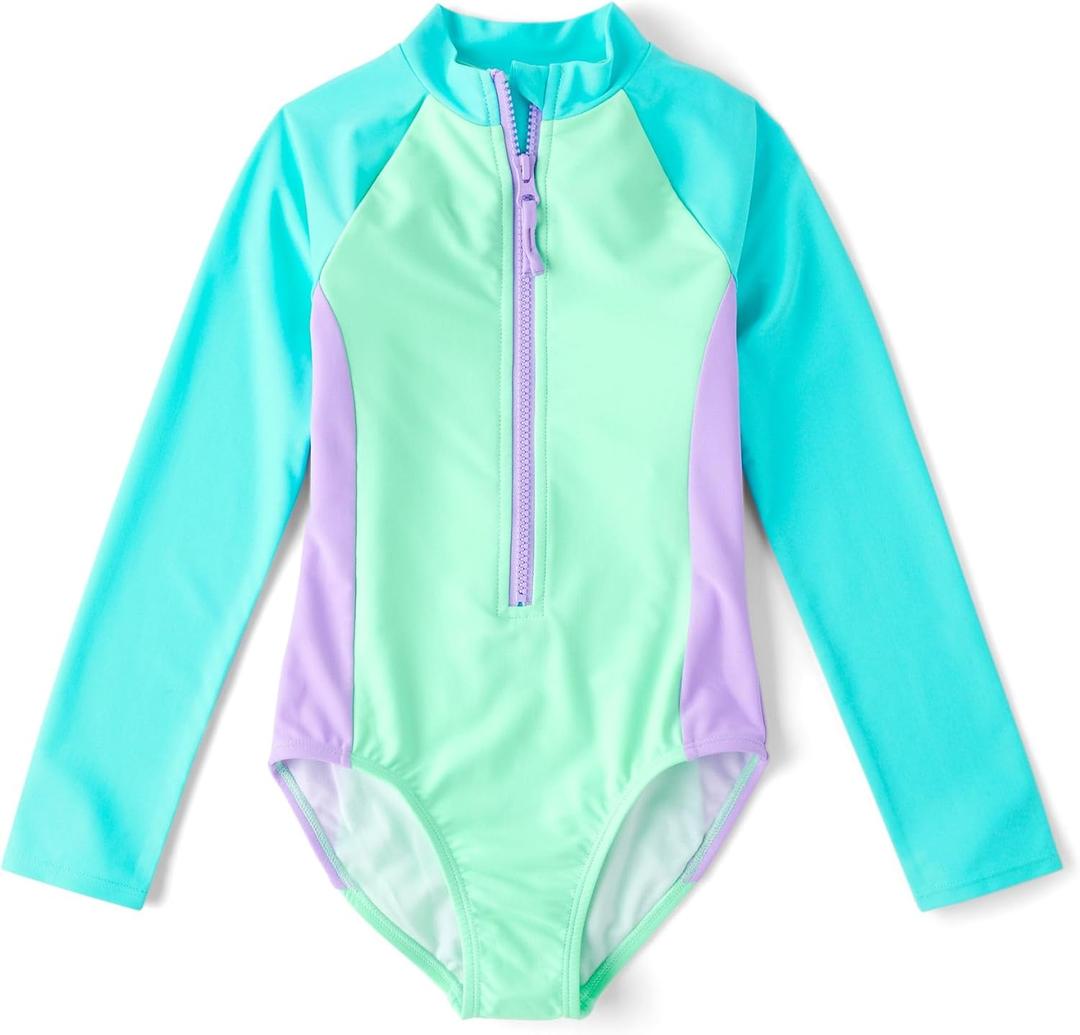 The Children's Place Girls' Long Sleeve Half Zip One Piece Rashguard Swimsuit (X-Large, Neon Mint)
