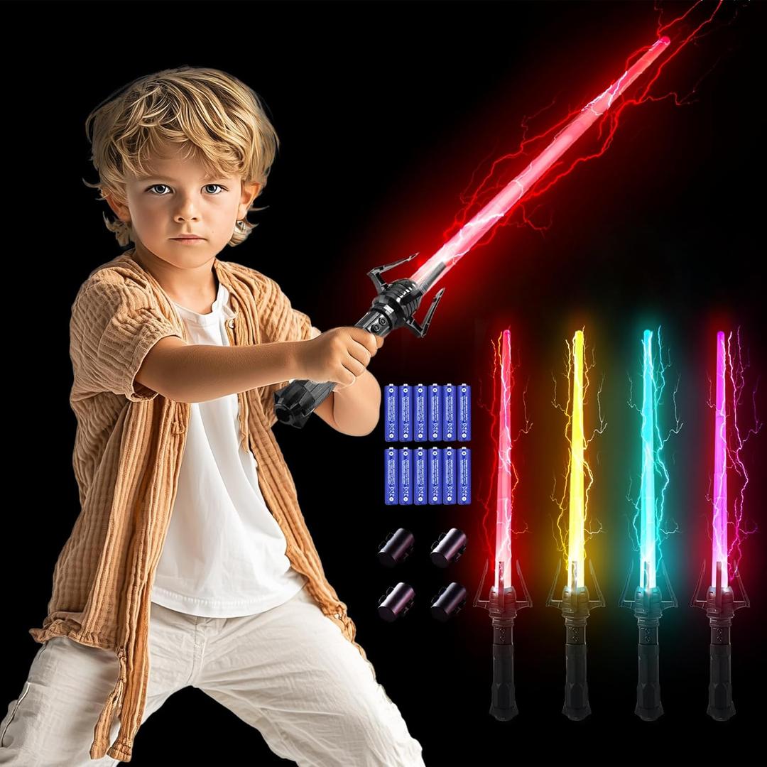SANCO Light Up Sabers for Kids - 4 Pack 7 Colors Retractable Mechanical Claw Power Swords with FX Sound, Glowing Toys for Halloween Cosplay Parties, Christmas Birthday Gifts for Boys & Girls