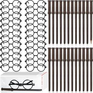 72 Pcs Wand Pencils and Glasses Wizard Halloween Party Favors, Including 24 Wizard Wand Pencils and 24 Plastic Costume Glasses Frame with 24 Storage Bags for Kids Theme Party Supplies