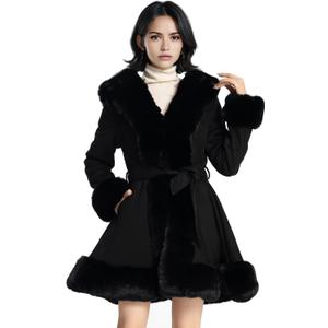 NXBC Winter Faux Fur Coats for Women,Faux Fur Leather Jacket Women,Winter Long Sleeve Furry Trim Peplum Parka Coat with Belt (Large, Black) 