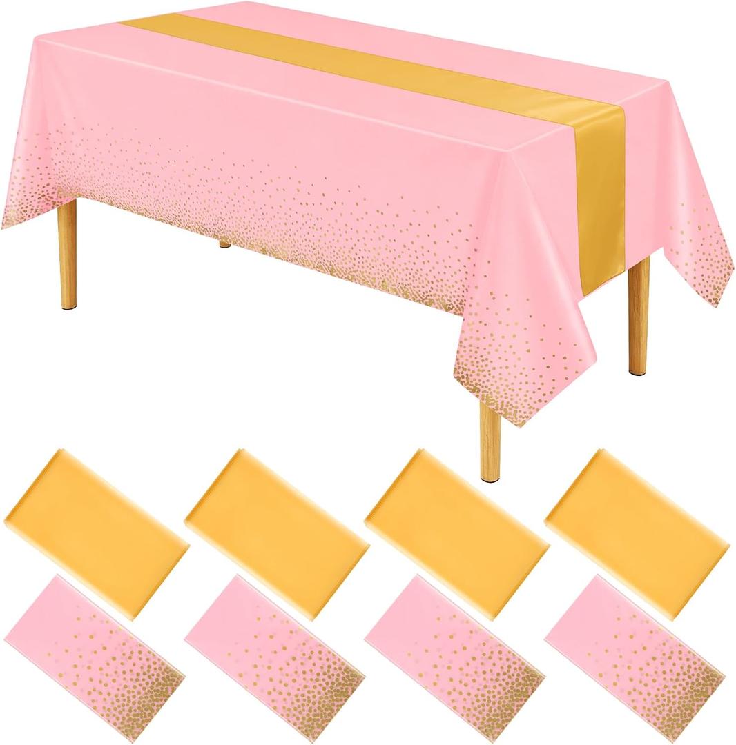 8 Pack Pink and Gold Plastic Tablecloths and Table Runner Set, Pink Gold Disposable Tablecloth Waterproof Wrinkle-Resistant Satin Table Runner for Wedding Birthday Graduation Bridal Shower Holidays